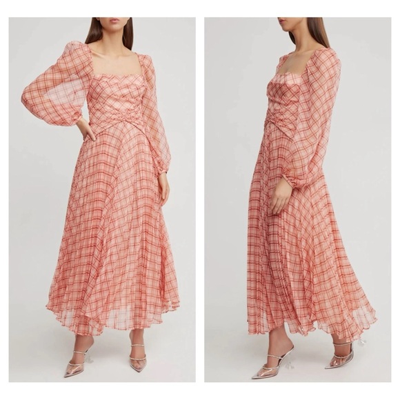 NWT Acler Mattison Pleated Plaid Chiffon Maxi Dress in Peach Size 6 Chic Retro - Picture 2 of 15
